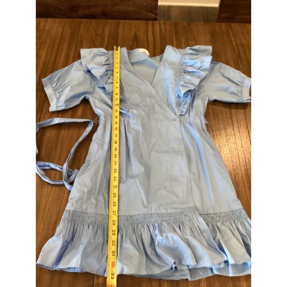 Karlie morgan poplin Wrap Tie Ruffle Puff Sleeves Mini Dress Blue Cotton Large - Picture 6 of 10